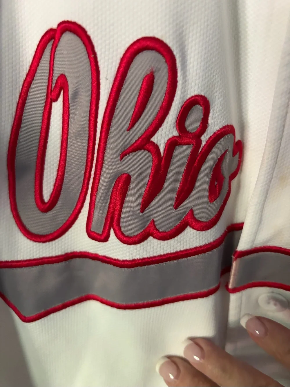Ohio State Nike White Jersey with Red Swoosh and Black XXL Patch